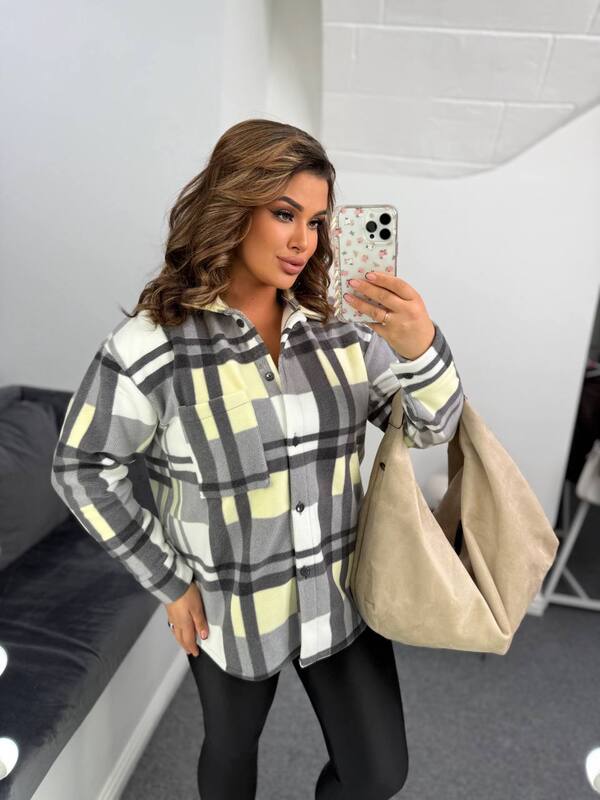 Рубашка женская флисовая в крупную клетку с карманом и пуговицами осенне-зимняя