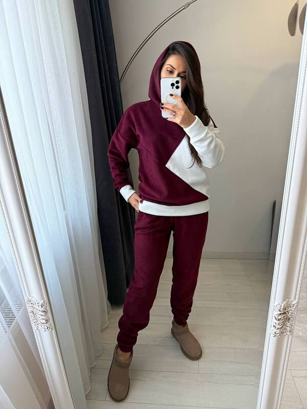 Женский спортивный костюм-двойка из двустороннего Polar флиса с худи и джоггерами осенний зимний