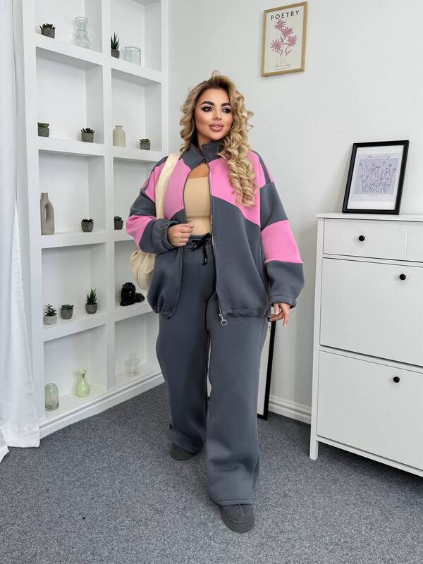 Женский спортивный костюм-двойка из трёхнитки на флисе с кофтой на молнии и прямыми брюками осенний зимний