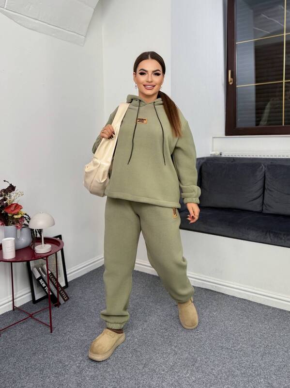 Женский спортивный костюм-двойка из двустороннего флиса с худи и брюками оверсайз осенний зимний