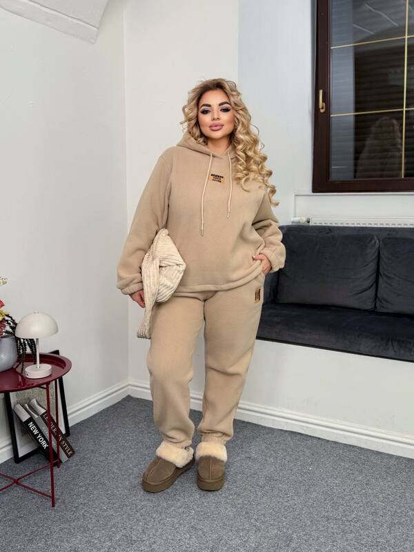Женский спортивный костюм-двойка из двустороннего флиса с худи и брюками оверсайз осенний зимний