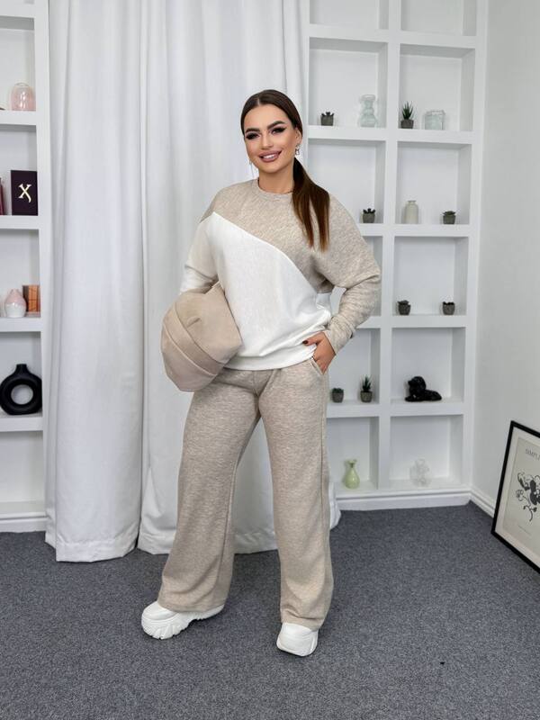 Женский прогулочный костюм-двойка из двусторонней ангоры с джемпером и брюками палаццо осенний зимний