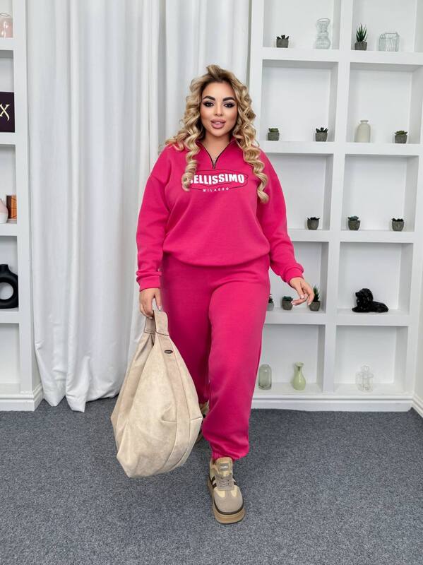 Женский спортивный костюм-двойка из трёхнитки на флисе oversize с принтом осенний зимний