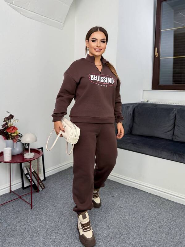 Женский спортивный костюм-двойка из трёхнитки на флисе oversize с принтом осенний зимний