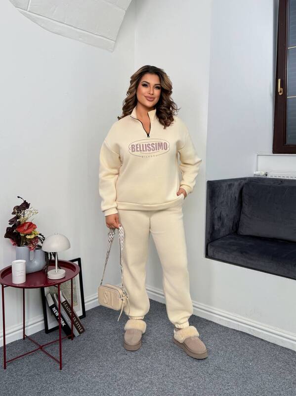 Женский спортивный костюм-двойка из трёхнитки на флисе oversize с принтом осенний зимний