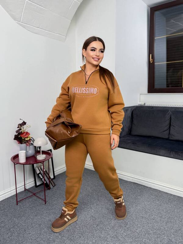 Женский спортивный костюм-двойка из трёхнитки на флисе oversize с принтом осенний зимний