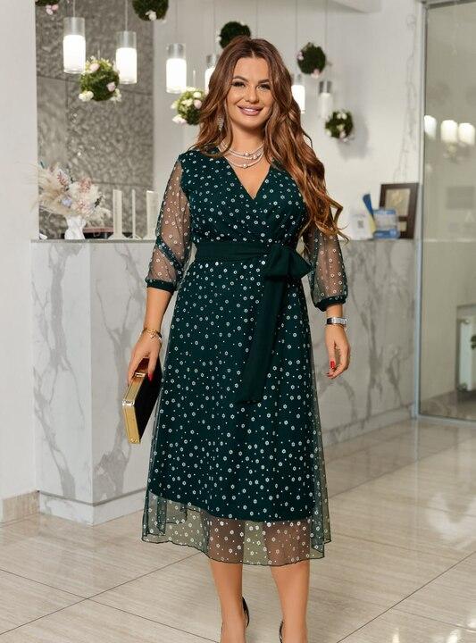 Платье женское вечернее миди на запах из креп-дайвинга и флок-сетки с поясом осенне-зимнее