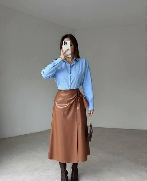 Юбка женская миди из эко-кожи на запах с высокой посадкой осенне-зимняя