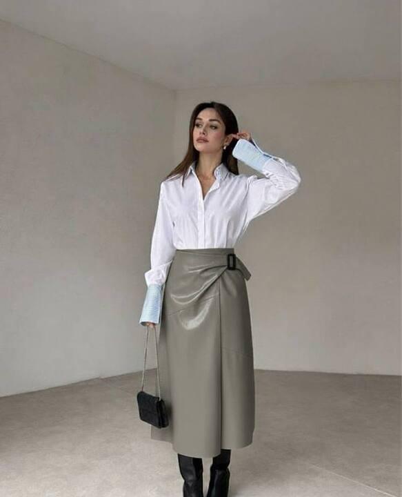 Юбка женская миди из эко-кожи на запах с высокой посадкой осенне-зимняя