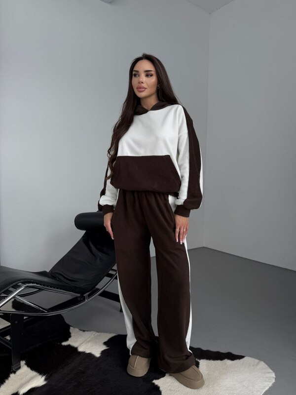 Спортивный костюм-двойка женский утепленный из турецкого флиса Polar с капюшоном и брюками палаццо осенне-зимний