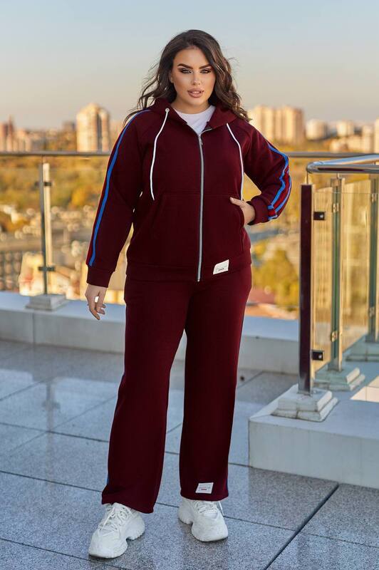 Спортивный костюм-двойка женский утепленный из трехнитки на флисе PENE с лампасами осенне-зимний