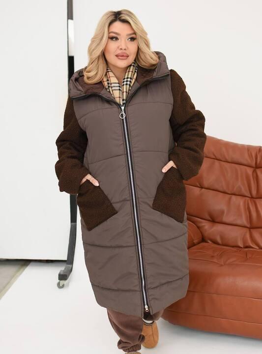 Куртка-пальто женская зимняя из плащевки Эмми с комбинированными рукавами и силиконовым утеплителем 150 г