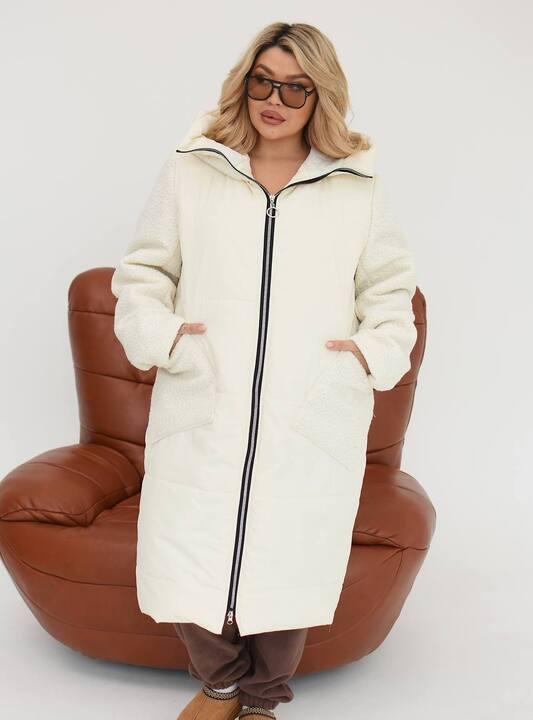 Куртка-пальто женская зимняя удлиненная из плащевки Эмми с комбинированными вставками и силиконовым утеплителем 150 г