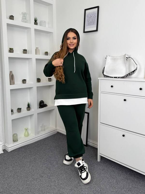 Спортивный костюм-двойка женский утепленный из плотной трехнитки на флисе PENE с капюшоном осенне-зимний