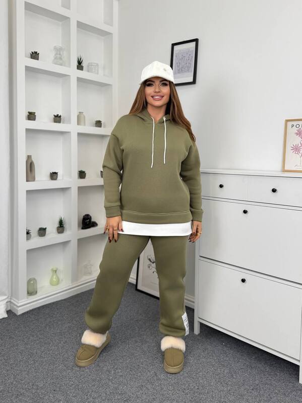 Спортивный костюм-двойка женский утепленный из плотной трехнитки на флисе PENE с капюшоном осенне-зимний