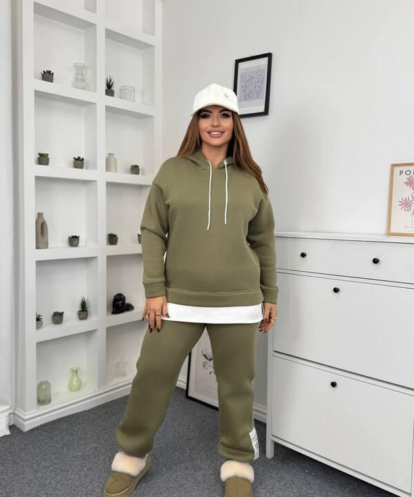 Спортивный костюм-двойка женский утепленный из плотной трехнитки на флисе PENE с капюшоном осенне-зимний