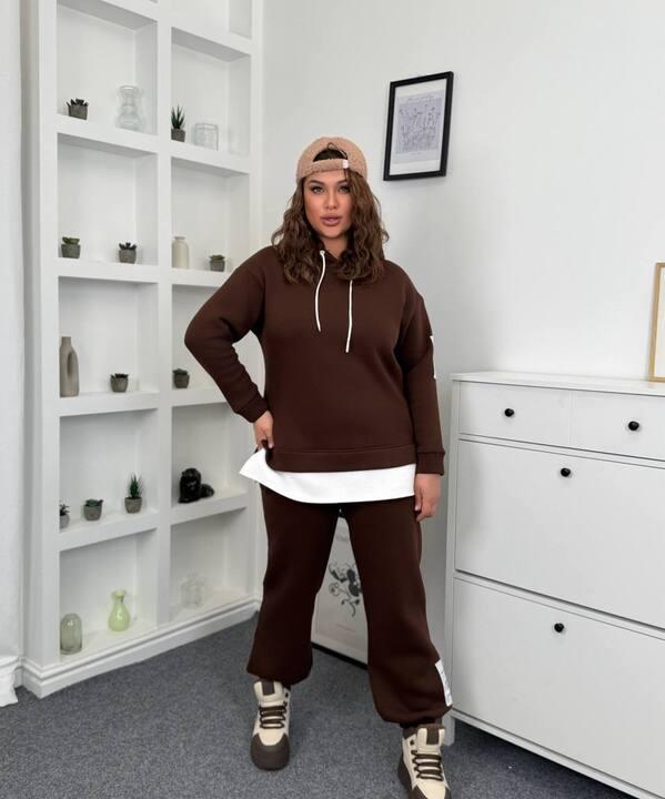 Спортивный костюм-двойка женский утепленный из плотной трехнитки на флисе PENE с капюшоном осенне-зимний