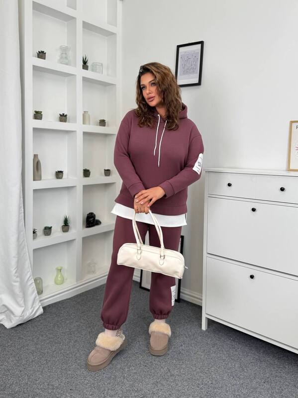 Спортивный костюм-двойка женский утепленный из плотной трехнитки на флисе PENE с капюшоном осенне-зимний