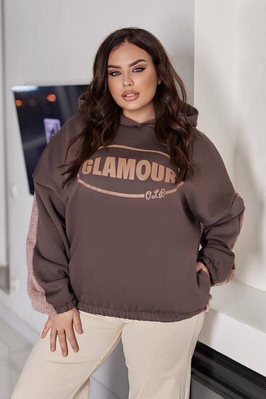 Худи женское утеплённое из махры и трёхнитки на флисе с контрастными рукавами и принтом осенне-зимнее