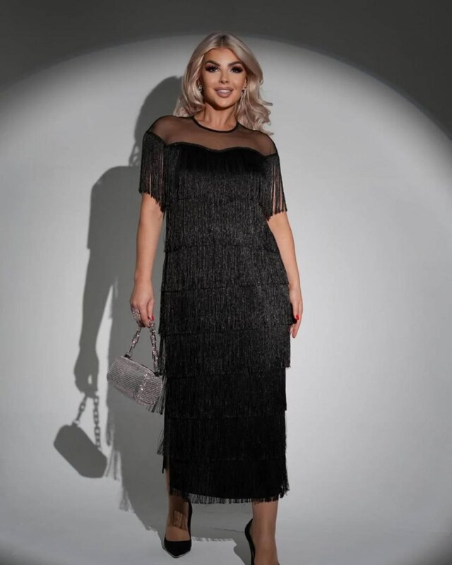 Платье женское вечернее из креп-дайвинга с сеткой и декоративной бахромой осенне-зимнее