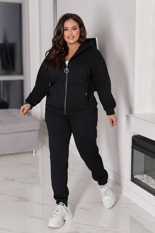 Спортивный костюм-двойка женский утепленный из трехнитки на флисе с капюшоном и манжетами осенне-зимний