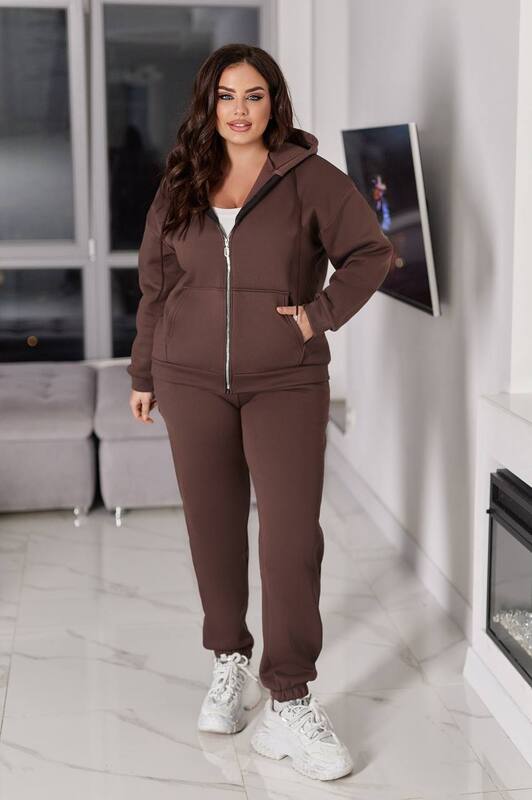 Спортивный костюм-двойка женский утепленный из плотной трехнитки на флисе с капюшоном и молнией осенне-зимний