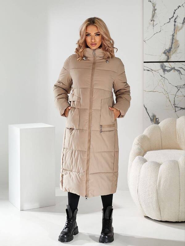 Пальто женское длинное утеплённое с капюшоном и манжетами из плащёвки на тинсулейте 250 осенне-зимнее