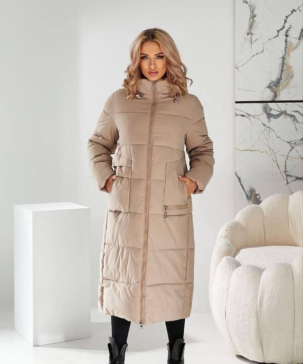 Пальто женское длинное утеплённое с капюшоном и манжетами из плащёвки на тинсулейте 250 осенне-зимнее