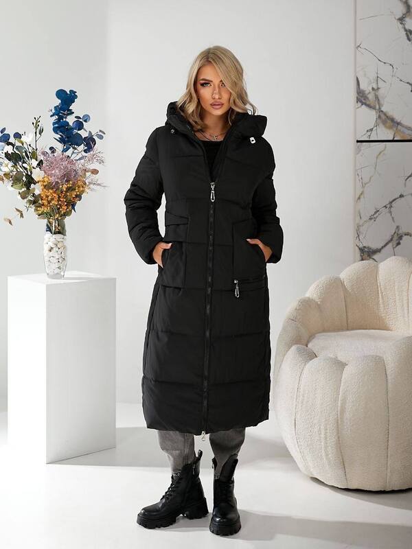 Пальто женское длинное стёганое с капюшоном и манжетами из плащёвки на тинсулейте 250 осенне-зимнее чёрное