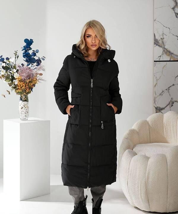 Пальто женское длинное стёганое с капюшоном и манжетами из плащёвки на тинсулейте 250 осенне-зимнее чёрное