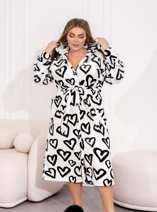 Халат женский махровый с капюшоном и поясом турецкий осенне-зимний с принтом сердца