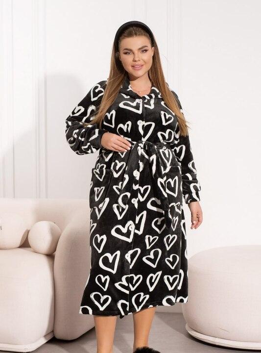 Халат женский велюровый домашний с поясом и принтом сердца осенне-зимний