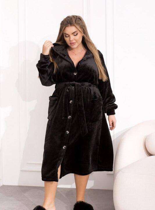 Халат женский махровый с поясом, капюшоном и застёжкой на пуговицы осенне-зимний