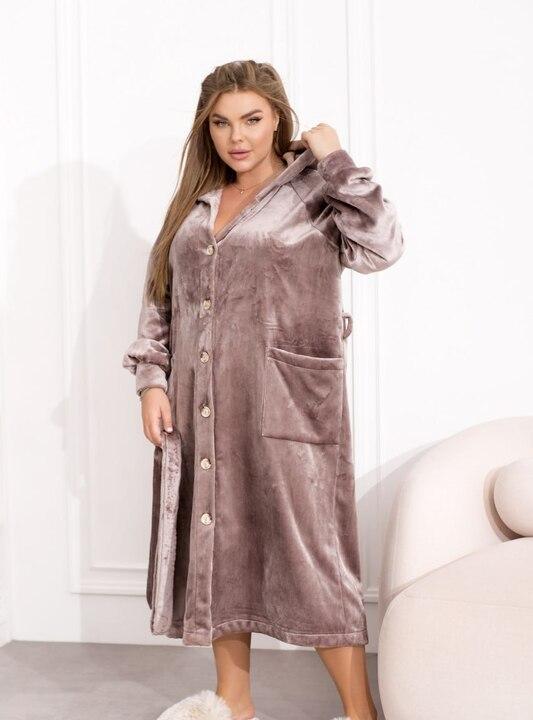 Халат женский махровый турецкий с капюшоном, поясом и застёжкой на пуговицы осенне-зимний