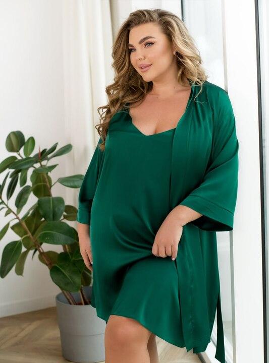 Домашний комплект женский шёлковый Армани с халатом и сорочкой на бретелях осенне-зимний