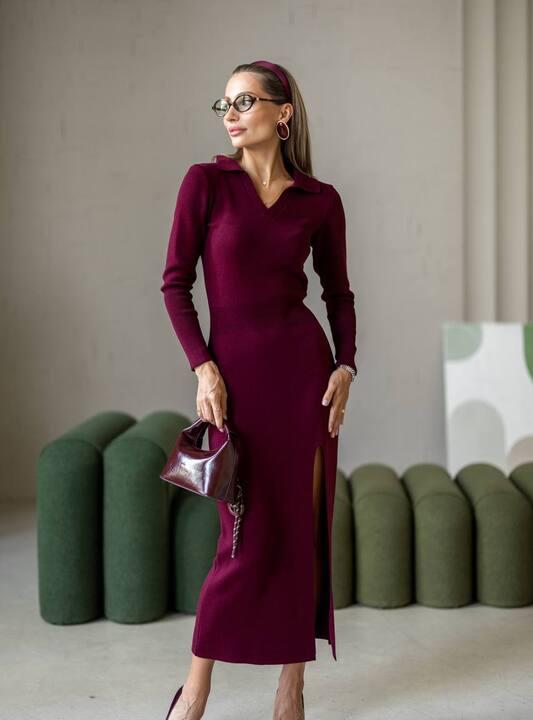 Платье-гольф женское хлопковое приталенного силуэта с воротником поло и боковым разрезом осеннее зимнее