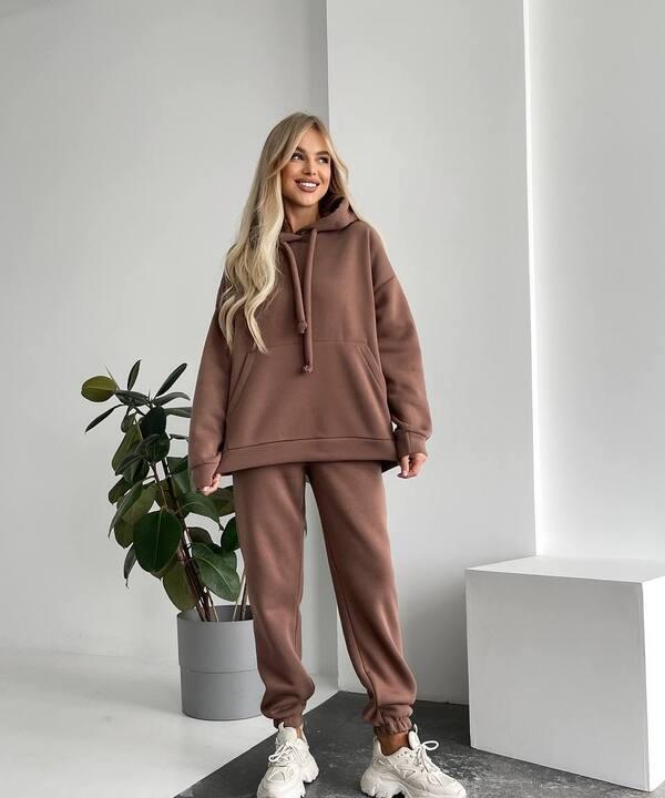 Спортивный костюм женский из трёхнитки на флисе с худи осенне-зимний