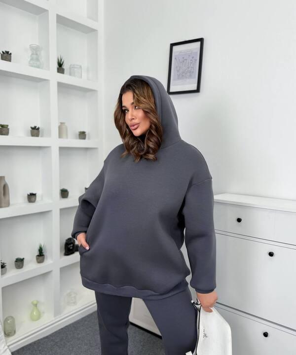 Женское худи oversize из турецкой трёхнитки на флисе цвета графит