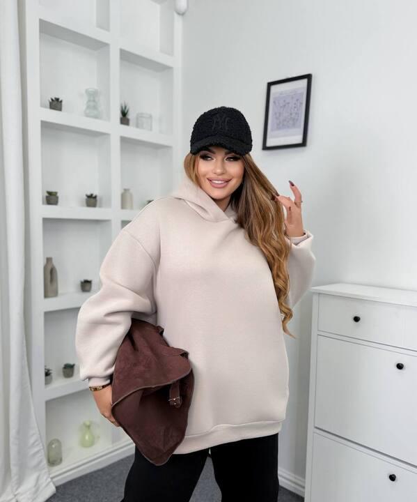 Женское худи oversize из турецкой трёхнитки на флисе цвета серо-бежевый