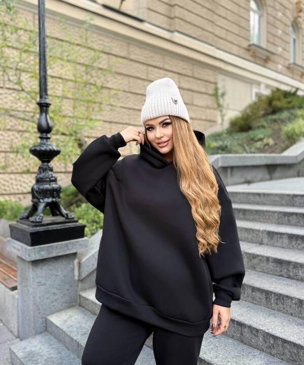 Женское худи oversize из турецкой трёхнитки на флисе чёрного цвета