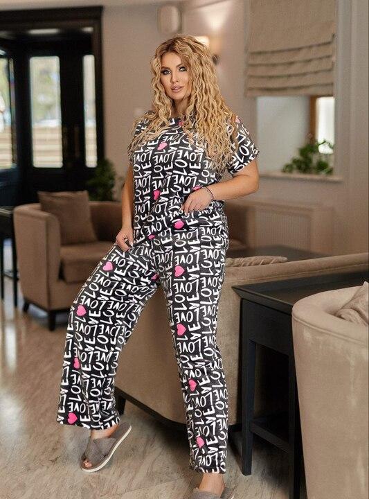 Женский домашний костюм из двустороннего велсофта махрового качества с коротким ворсом и принтом “буквы” (майка и брюки) осенне-зимний