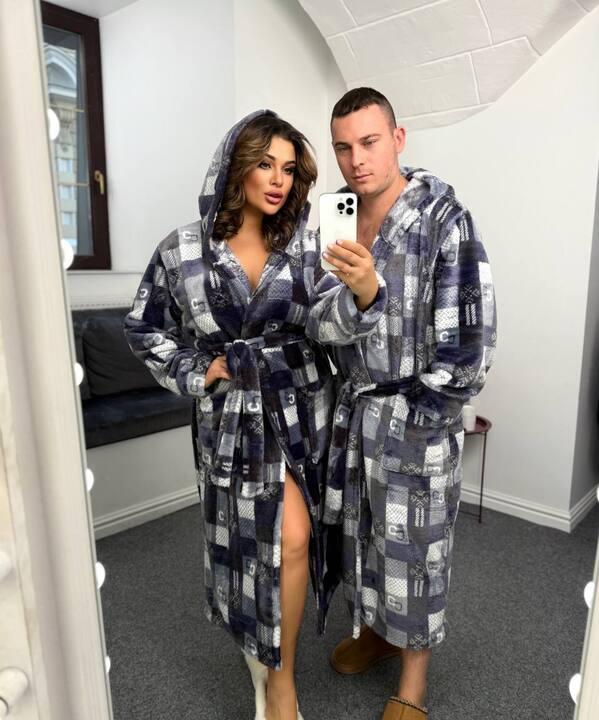 Халат унисекс домашний из махры с капюшоном и поясом осенне-зимний