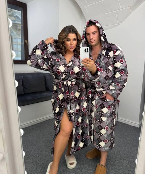 Халат унисекс домашний из махры с капюшоном и поясом осенне-зимний