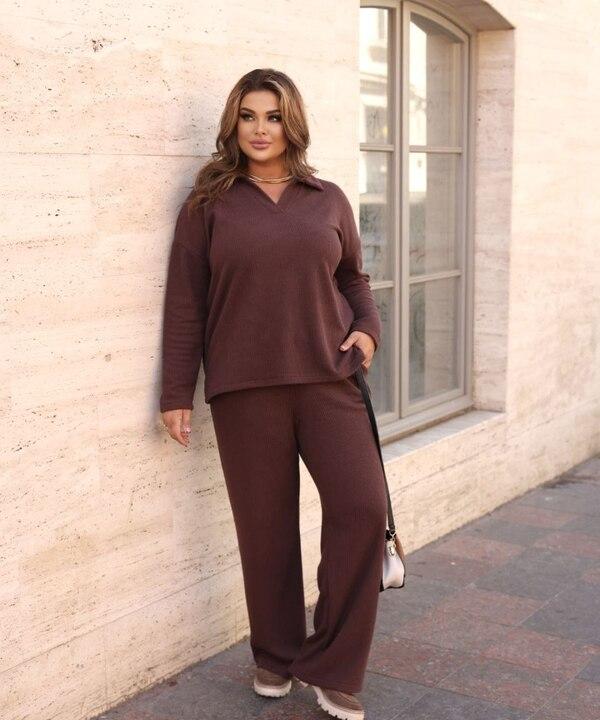 Костюм женский ангора в рубчик утепленный двойка с воротником и прямыми брюками осенний зимний