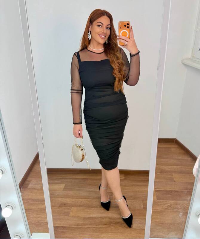 Платье-футляр женское трикотажное масло с прозрачными рукавами и сборками вечернее осеннее зимнее