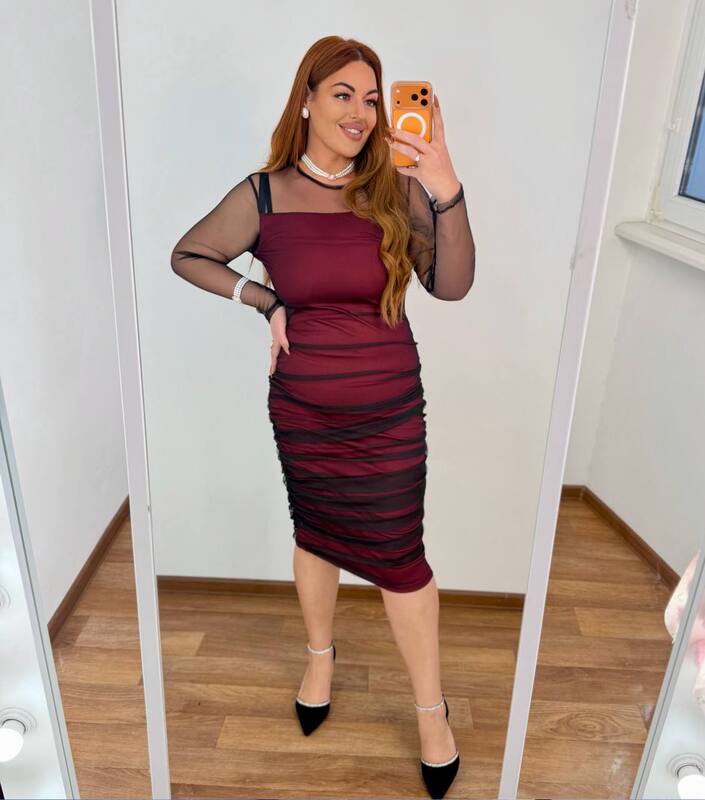 Платье-футляр женское трикотажное масло с драпировкой и прозрачными рукавами вечернее осеннее зимнее