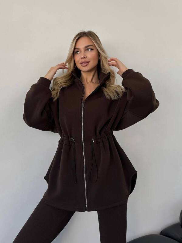 Толстовка женская из трёхнитки на флисе с кулиской и высоким воротником удлиненная осенняя зимняя