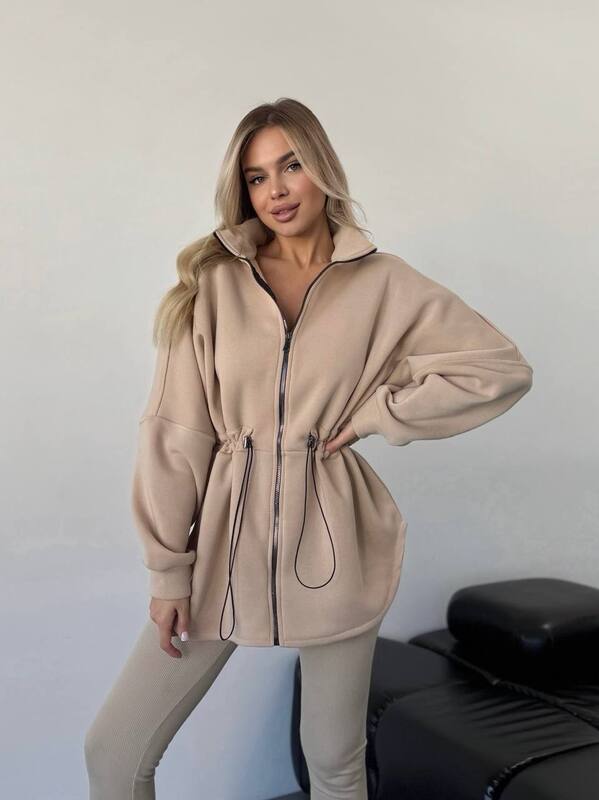 Толстовка женская из трёхнитки на флисе с кулиской и высоким воротником удлиненная осенняя зимняя