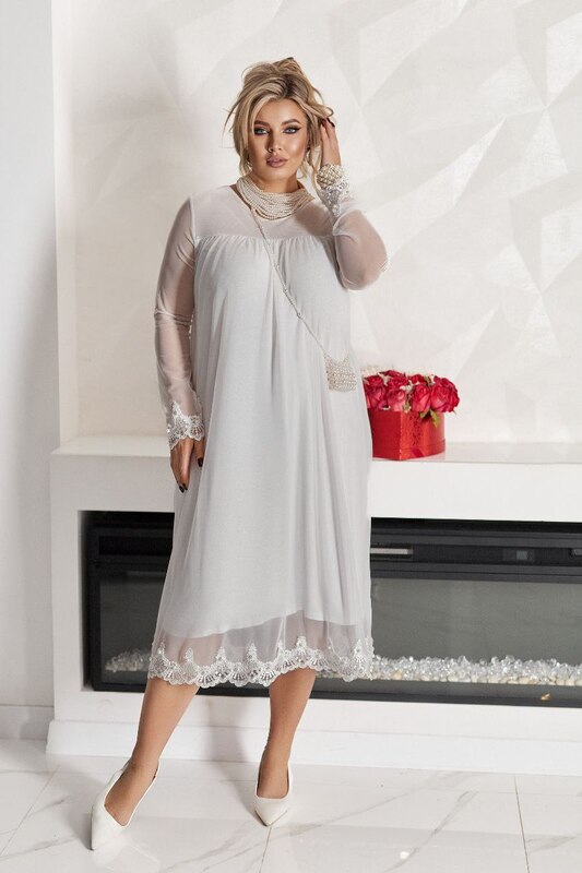 Платье-трапеция женское из сетки и микромасла с кружевом и жемчугом нарядное осеннее зимнее