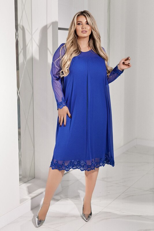 Платье-трапеция женское из сетки и микромасла с кружевной отделкой нарядное осеннее зимнее